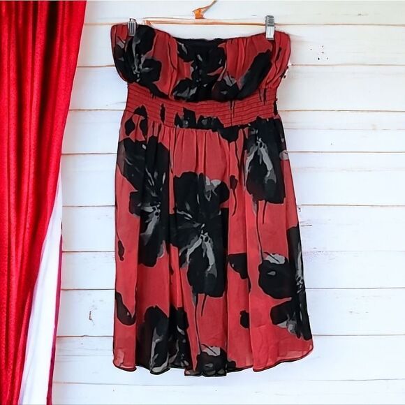 Kimchi Blue Chiffon Strapless Smocked Poppy Print Red Floral Party Dress Bandeau - Picture 1 of 13